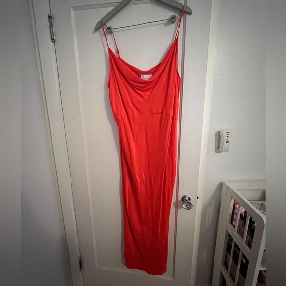Anthropologie / Bright Red Satin Midi Slip Dress - Picture 2 of 3